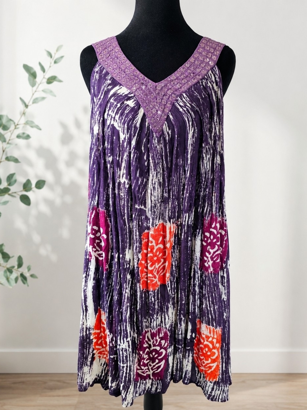 SOL Embellished Sun Rayon Dress One Size Purple Boho Sleeveless Stretch